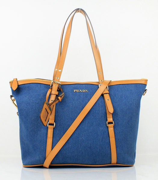 Prada Blue Denim with Apricot Leather Shoulder Bag
