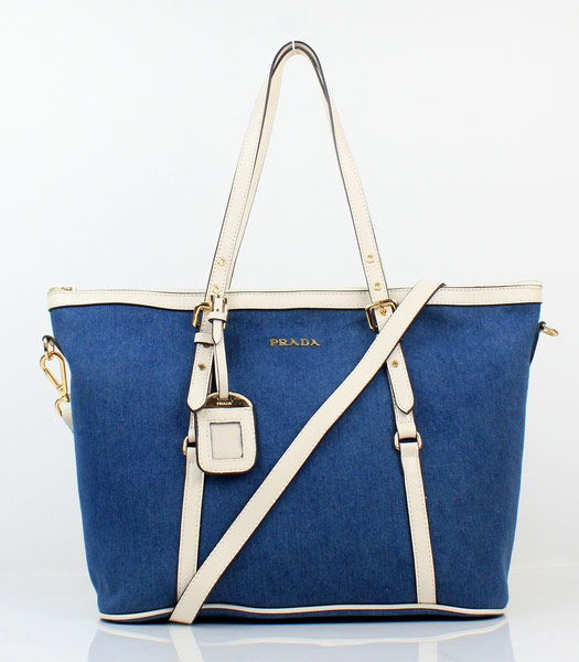 Prada Blue Denim with White Leather Shoulder Bag