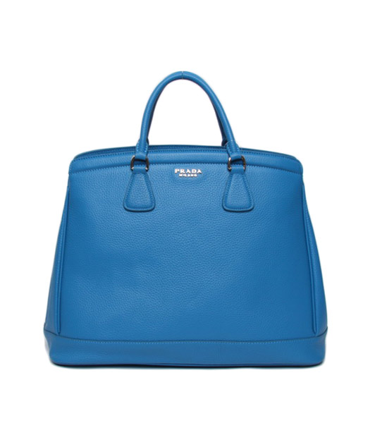 Prada Blue Leather Large Tote Shoulder Bag
