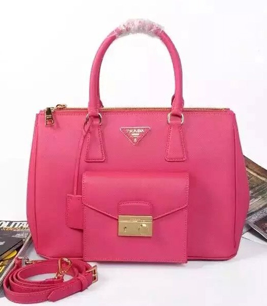 Prada BN2674 Caramel Saffiano Lux Cow Leather Pocket Handbag Rose Red