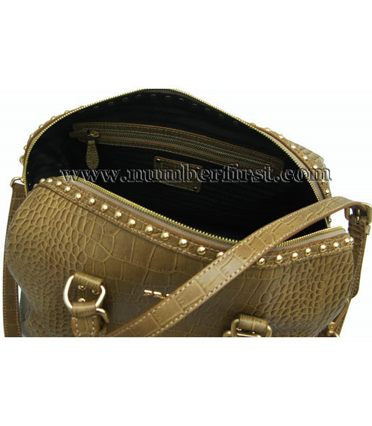 Prada Bronze Croc Veins Leather Tote Shoulder Hobo Bag-5