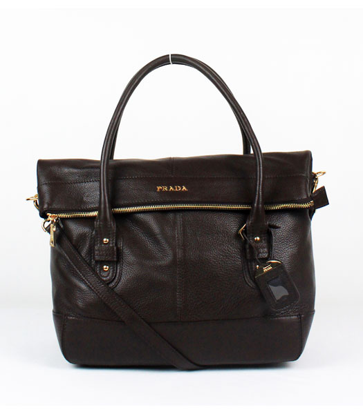 Prada Calfskin Leather Top Handbag Dark Coffee