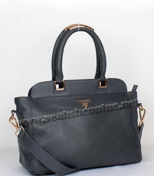 Prada Calfskin Leather Tote Bag Dark Grey with Golden Handle-5