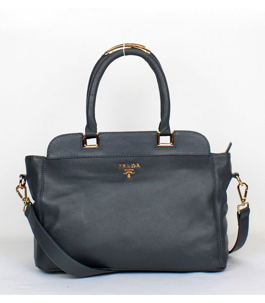 Prada Calfskin Leather Tote Bag Dark Grey with Golden Handle