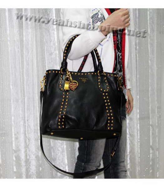 Prada Calfskin Studded Top Handle Bag Black-7