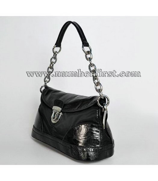Prada Canvas Shoulder Bag with Leather Trim Blak-3-2