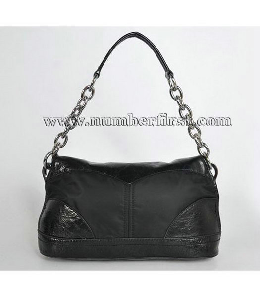 Prada Canvas Shoulder Bag with Leather Trim Blak-3-3