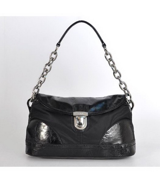 Prada Canvas Shoulder Bag with Leather Trim Blak-3
