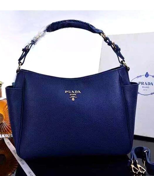 Prada Classic Litchi Veins Handbag 0125 With Sapphire Blue Leather