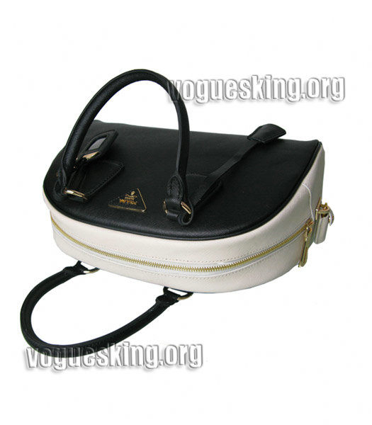 Prada Cross Veins Leather Top Handle Bag Black/White-3