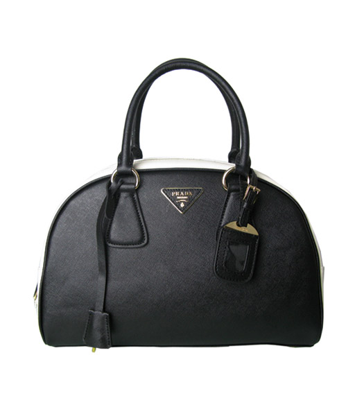 Prada Cross Veins Leather Top Handle Bag Black/White