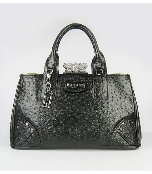 Prada Crystal Cluster Kisslock Satchel Bag Black Ostrich Leather
