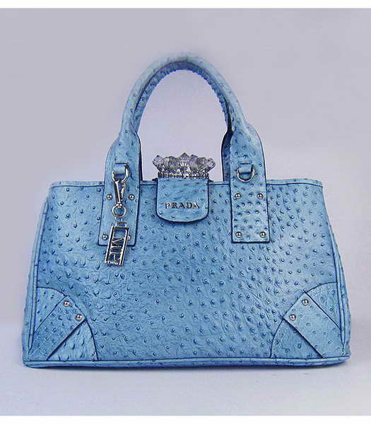 Prada Crystal Cluster Kisslock Satchel Bag Blue Ostrich Leather