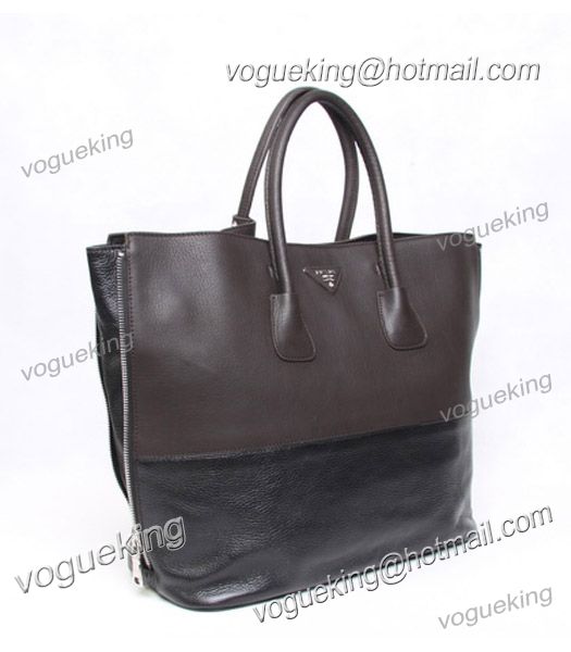 Prada Dark Coffee/Black Leather Double Handle Tote Bag-1