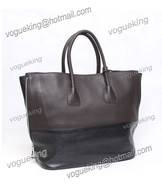 Prada Dark Coffee/Black Leather Double Handle Tote Bag-2