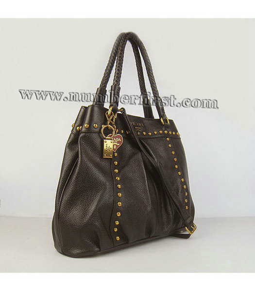 Prada Dark Coffee Leather Handbags Braided Handles Studs-1