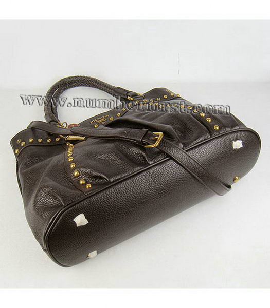 Prada Dark Coffee Leather Handbags Braided Handles Studs-3