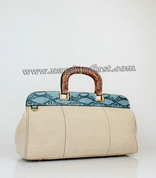 Prada Fabric with Light Blue Leather Tote Bag-2