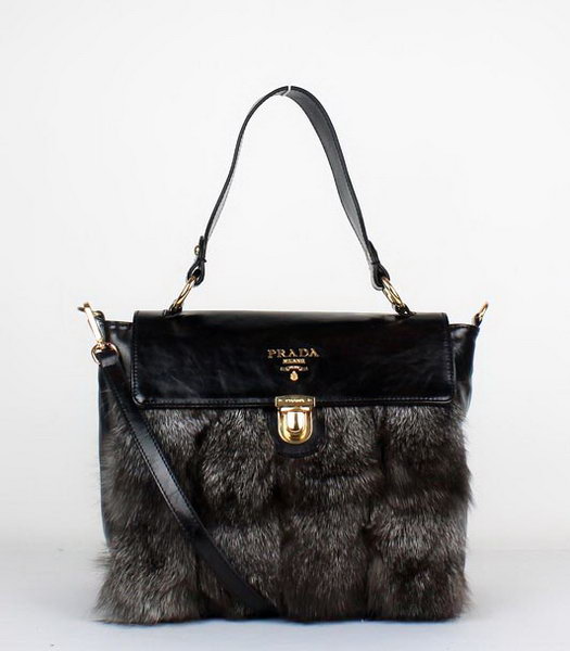 Prada Fox Fur Leather Tote Bag Black_Grey
