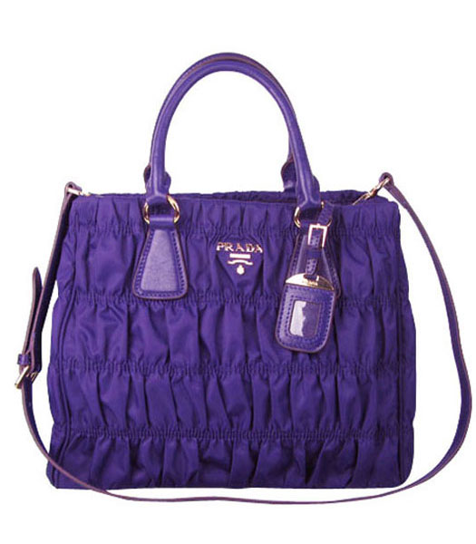 Prada Gaufre Fabric With Dark Purple Leather Tote Bag