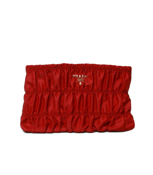 Prada Gaufre Fabric With Red Lambskin Leather Clutch