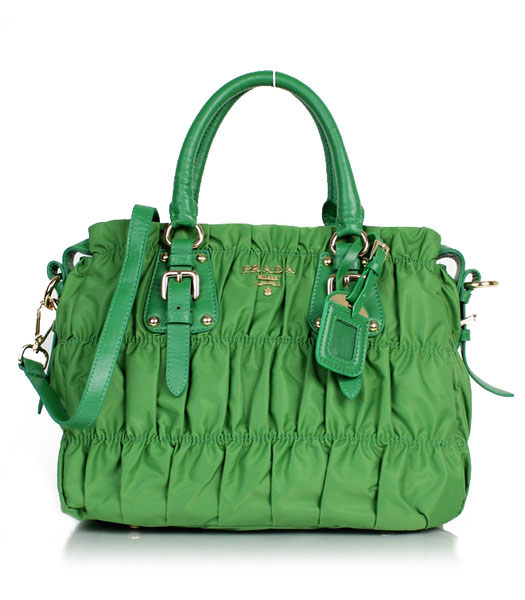 Prada Gaufre Green Fabric With Lambskin Leather Top Handle Bag