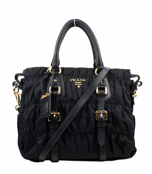 Prada Gaufre Small Black Fabric With Lambskin Leather Top Handle Bag