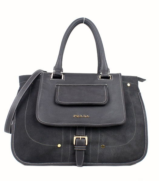 Prada Grey Suede And Napa Leather Top Handle Bag
