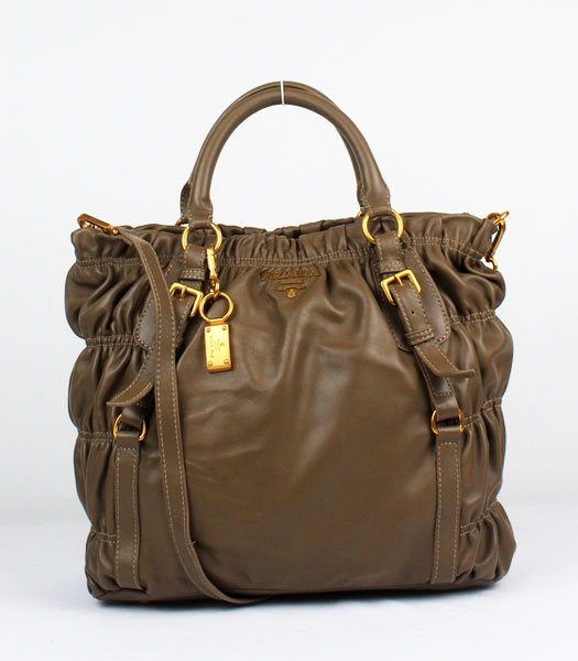 Prada Lambskin Wrinkled Leather Top Handbag Khaki
