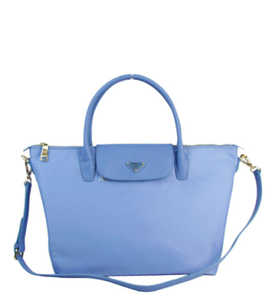 Prada Light Blue Waterproof Fabric With Calfskin Leather Business Tote Bag