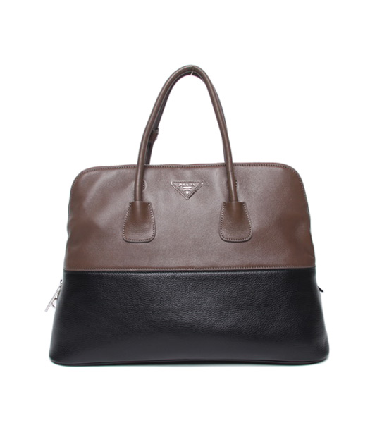 Prada Light Coffee/Black Leather Large Top-Handle Bag