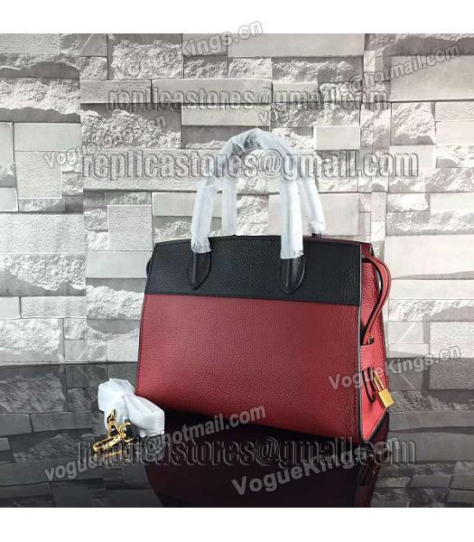 Prada Litchi Veins Calfskin Leather Tote Bag Jujube Red/Black-2