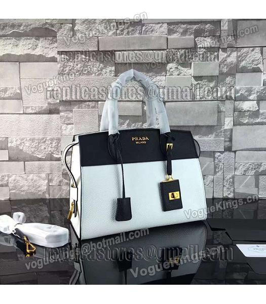 Prada Litchi Veins Calfskin Leather Tote Bag White/Black-1