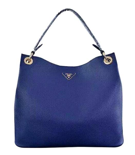 Prada Litchi Veins Cow Leather Tote Bag 5124 In Sapphire Blue