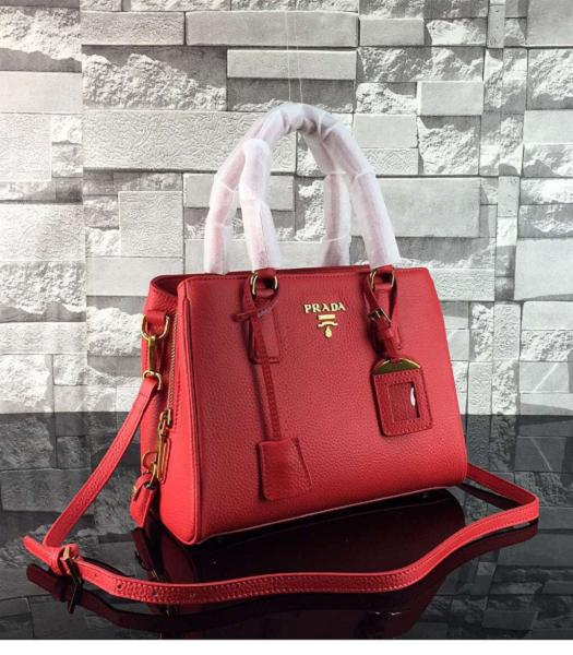Prada Litchi Veins Red Calfskin Leather Top Handle Bag