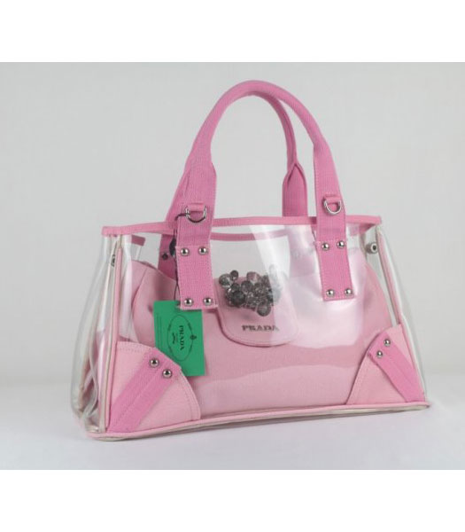 Prada Natural Canvas and PVC Crystal Cluster Frame Top Satchel in Pink