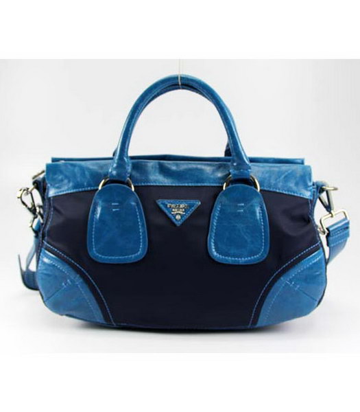 Prada Nylon Tote Bag with Blue Leather Trim