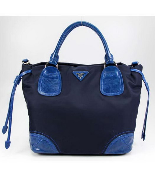 Prada Nylon Tote Bag with Blue Leather Trim