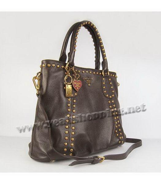 Prada Oil Leather Studded Top Handle Bag Dark Coffee-1
