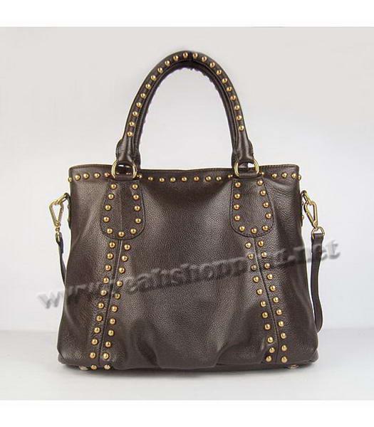 Prada Oil Leather Studded Top Handle Bag Dark Coffee-2