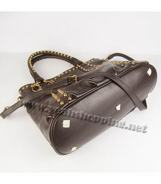 Prada Oil Leather Studded Top Handle Bag Dark Coffee-3