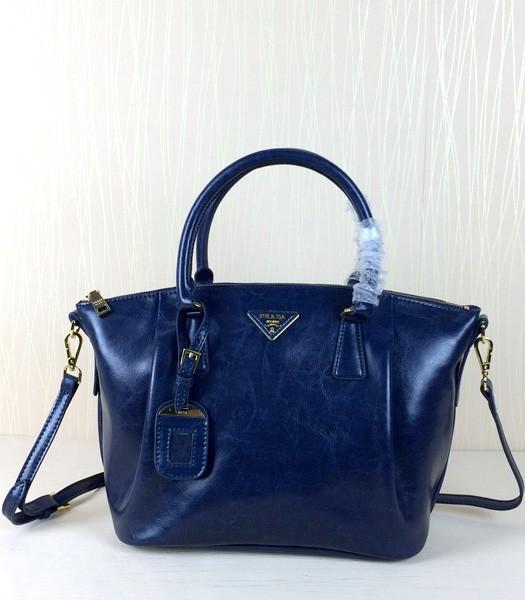 Prada Oil Wax Leather Tote Bag BN0122 In Sapphire Blue