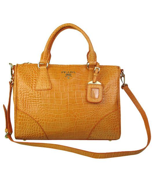 Prada Orange Croc Veins Leather Tote Handbag