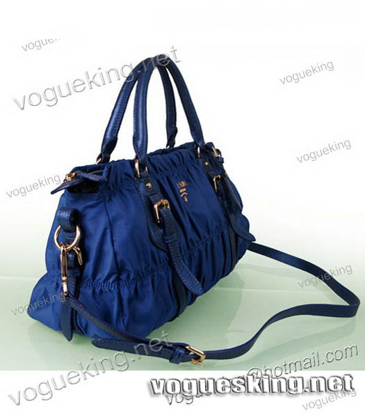 Prada Ruched Dark Blue Waterproof With Blue Leather Top Handle Bag-2