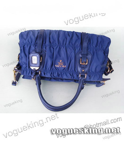 Prada Ruched Dark Blue Waterproof With Blue Leather Top Handle Bag-4