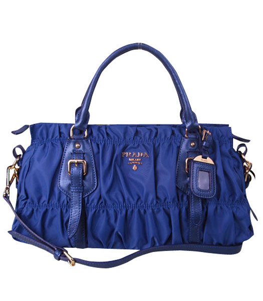 Prada Ruched Dark Blue Waterproof With Blue Leather Top Handle Bag