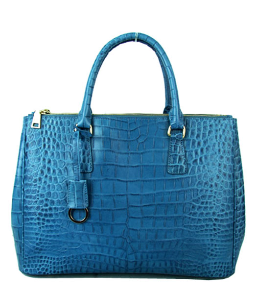 Prada Saffiano Blue Croc Veins Leather Business Tote Handbag