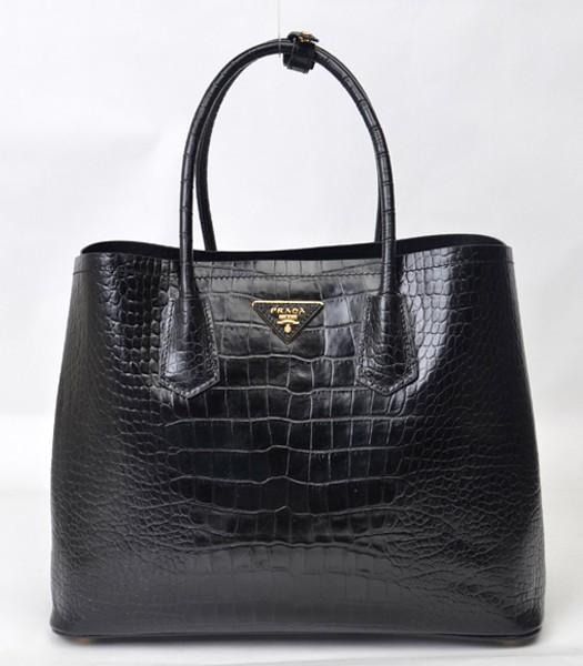 Prada Saffiano Cuir Croc Veins Leather Tote Bag Black