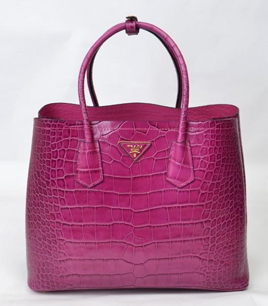 Prada Saffiano Cuir Croc Veins Leather Tote Bag Purple Red