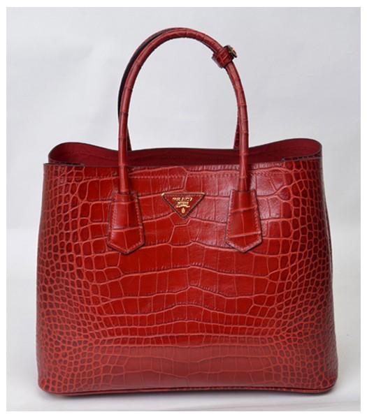 Prada Saffiano Cuir Croc Veins Leather Tote Bag Red